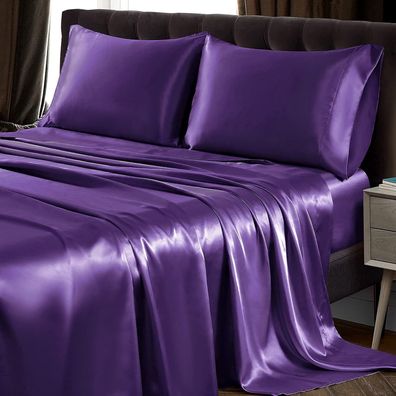 4-teiliges Satin-Bettlaken-Set für Queensize-Betten, ultraseidig weiche violette Sati