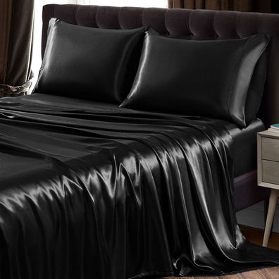 4-teiliges Satin-Bettlaken-Set für Queensize-Betten, ultraweiche schwarze Satin-Bettl