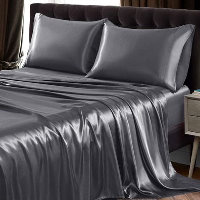 4-teiliges Satin-Bettlaken-Set für Kingsize-Betten, ultraseidig weiche graue Satin-Be