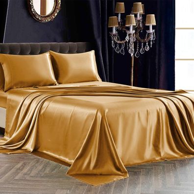 4-teiliges Satin-Bettlaken-Set in voller Größe, ultraseidig weiche goldene Satin-Bett