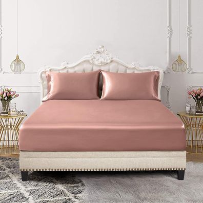 3-teiliges Set aus Satin-Spannbettlaken und 2 Kissenbezügen für Queensize-Betten, sei