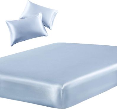 3-teiliges Set aus Satin-Spannbettlaken und 2 Kissenbezügen für Queensize-Betten, sei