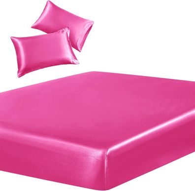 3-teiliges Set aus Satin-Spannbettlaken und 2 Kissenbezügen für Queensize-Betten, sei