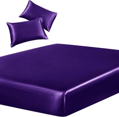 3-teiliges Set aus Satin-Spannbettlaken und 2 Kissenbezügen, violettes, seidig weiche