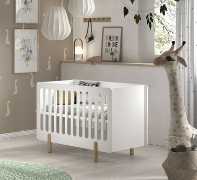 Babybett 60x120 höhenverstellbar Gitterbett Kinderbett ovale Sprossen Füße Weiß