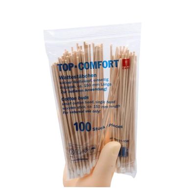 AMPri TOP-COMFORT Einmal Wattestäbchen mit Natur Holzstab 150 mm | Packung (100 Stück