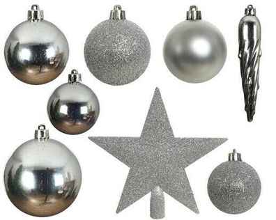 33 x Christbaumschmuck 8cm Kugeln bruchfest glanz matt Glitter Mix 023371 Silber