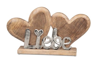 529121 2 Herzen + Schrift Liebe 44x25cm aus massivem Mangoholz mit silbernem Alu