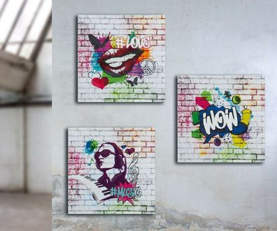 38188 Bild "Street Art" mehrfarbig, auf Leinwand "Music" / "Love" / "Wow"