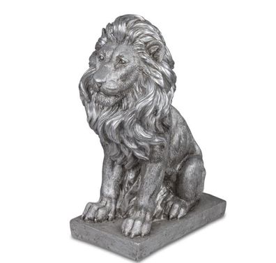 770905 Löwe auf Sockel sitzend 38cm handgefertigte Deko-Figur aus Kunststein