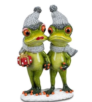 716927 Frosch Winterfrosch Paar mit Geschenk hellgrün 12x19cm Kunststein