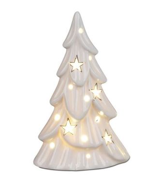 728586 Deko-Baum mit LED-Licht 16cm aus Weiss-glasiertem transparenten Porzellan