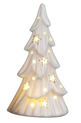 728593 Deko-Baum mit LED-Licht 21cm aus Weiss-glasiertem transparenten Porzellan