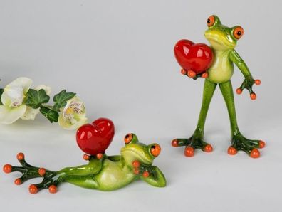 717924 Frosch mit Herz hellgrün liegend und stehend 16cm aus Kunststein