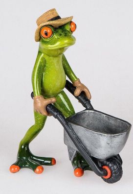 717122 Frosch mit Schubkarre hellgrün 17cm aus Kunststein mit witzigen Details