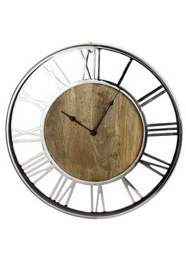 46895 Wanduhr rund Centro Silber/braun, Mitte aus Mango Holz