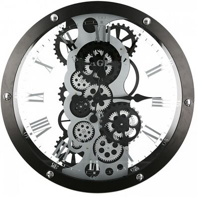 50333 Wanduhr Industry Metall Glas schwarz silberfarben m sich bewegenden Rädern