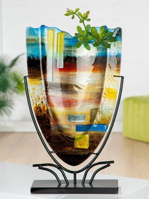 39792 GlasArt Dekovase "Campo" gelb/grün/blau/schwarz, handbemalt mit Fusingglas