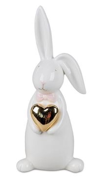 792266 Hase mit Herz Weiss-Gold 9 x 23cm aus glasiertem Porzellan gefertigt