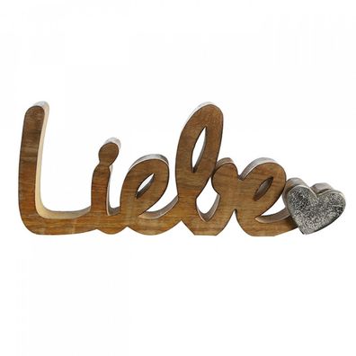 43289 Schriftzug Liebe Mangoholz naturbelassen mit Herz Aluminium silberfarben