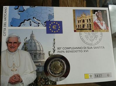 2 euro 2007 Vatikan Numisbrief 2007 80. Geburtstag Papst Benedikt XVI. mit Briefmarke