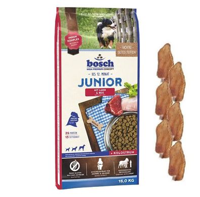 15kg Bosch Junior Lamm & Reis + 6 x Kaninchenohren Hund Hundefutter