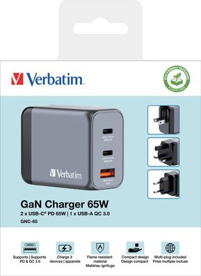 Verbatim Ladeadapter, Universal, GNC-65, GaN, 65W, grau