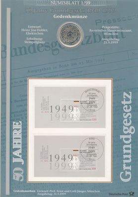 BRD 10 DM 1999 D 50 Jahre Grundgesetz Silber im Numisblatt*