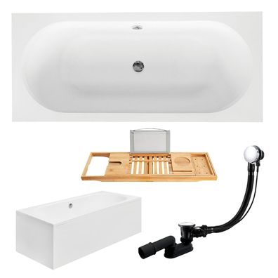 Badewanne Rechteck 170x75 VITAE + AcrylSchürze + Bambus Ablage | Ablauf & Füße GRATIS