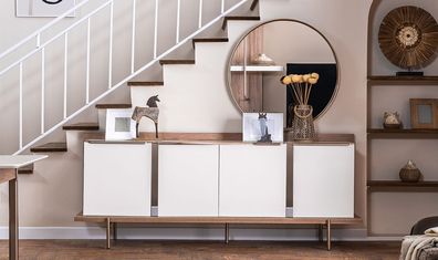 Stylish Weiß Braun Sideboard Rund Spiegel Designer Holzmöbel Esszimmer