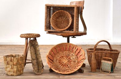 Set 9 x Korbware Alt Shabby Landhaus Antik Deko Vintage Sammlung Rattan Loft