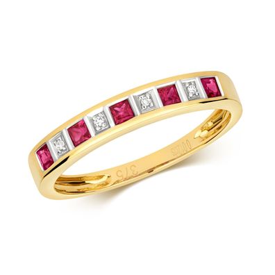 9 Karat (375) Gold Halb Eternity Diamantring Brillant-Schliff H - PK mit Rubin