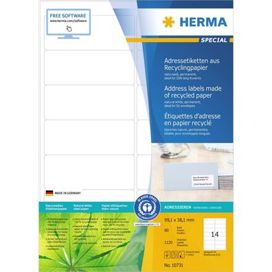 HERMA 10731 HERMA Universal-Etiketten Recycling, 99,1 x 38,1 mm, 80 Bl