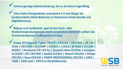 4x PATONA Li-Ion 3,7V Akku CR123A 700mAh 2,59Wh + Lader