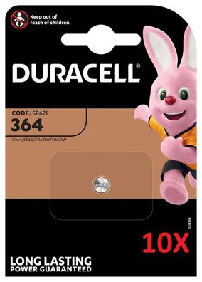 10x Duracell Uhrenbatterie D364 AgO 1,55V 20mAh Blister