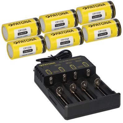 6x PATONA Li-Ion 3,7V Akku CR123A 700mAh 2,59Wh + Lader