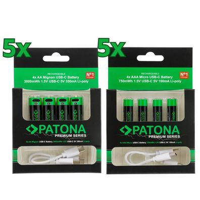 40x PATONA Premium USB-C AAA und AA Akkus Lithium (10x 4er Blister)