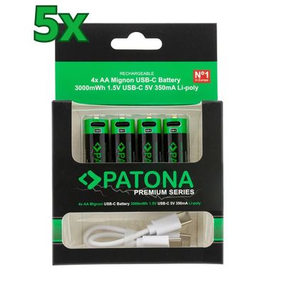 20x PATONA Premium USB-C 4x AA Akkus Lithium 1.5V 3000mWh (5x 4er Blister)