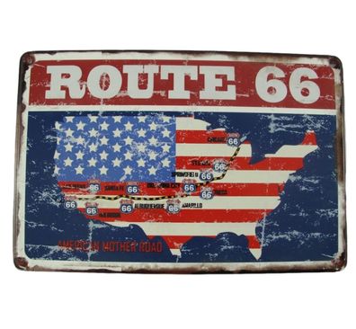 Blechschild, Reklameschild, Route 66 Die Strecke, Auto Wandschild 20x30 cm