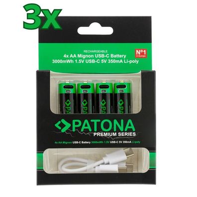 12x PATONA Premium USB-C 4x AA Akkus Lithium 1.5V 3000mWh (3x 4er Blister)