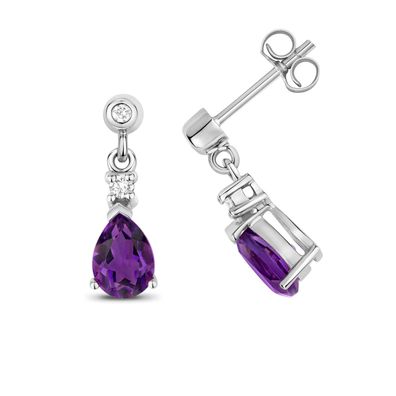 9 Karat (375) Weißgold Diamant Paar Ohrringe 0.10 Karat mit Amethyst - 16mm*5mm