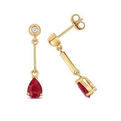 9 Karat (375) Gold Damen - Diamant Paar Ohrringe 0.07 Karat mit Rubin - 25mm*5mm