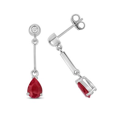 9 Karat (375) Weißgold Damen - Diamant Paar Ohrringe 0.07 Karat mit Rubin - 25mm*5mm