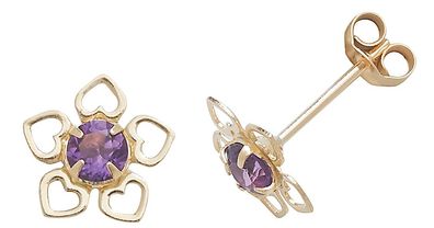 Edle 9 ct/Karat Gelb Gold Blume Damen - Paar Ohrstecker mit Amethyst