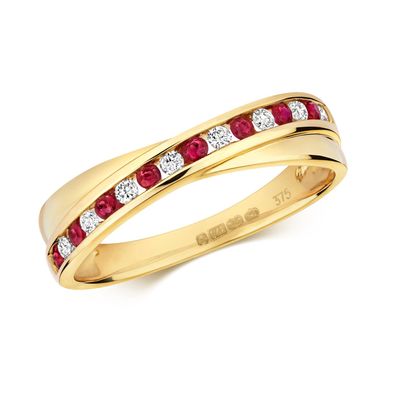 9 ct/Karat Gelb Gold Diamantring Brillant-Schliff 0.11 Karat HI - I1 mit Rubin