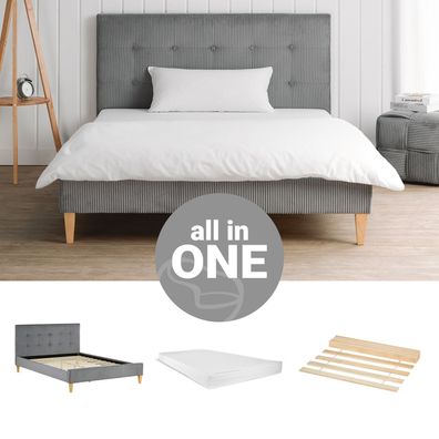 Polsterbett 140x200 cm mit Matratze Grau Cord Doppelbett Bett Bettgestell Lattenro
