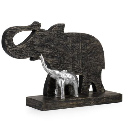 Skulptur Elefant mit Kind 25x40x10 cm Holzdeko Modern Wohnzimmer