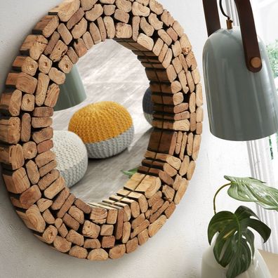 Spiegel Eliptic 80 x 80 x 4 cm Teak Wandspiegel Wohnzimmer Schlafzimmer Neu