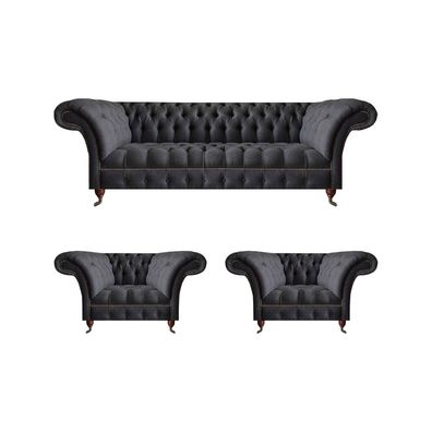 Chesterfield Schwarze Sitzgarnitur Wohnzimmer 3-Sitzer Couch 2x Sessel