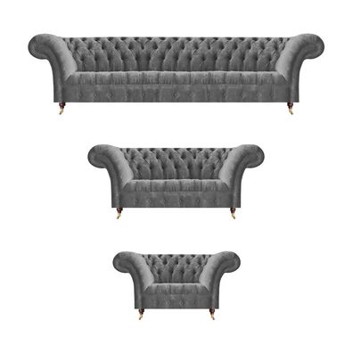 Edle Chesterfield Sofagarnitur Grauer Textil Viersitzer Polster Sessel